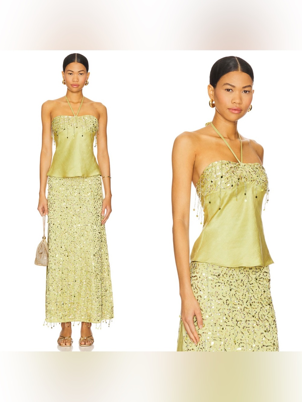 NWT ASTA RESORT Yasmin Hand Beaded Halter Neck Top in Olive Oil